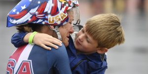 RIO DE JANEIRO, BRAZIL - AUGUST 10: Kristin Armstrong hugs her son Lucas Armstrong Savola, 5, after she won the gold medal in the women's cycling road individual time trial at Rio 2016 on Wednesday, August 10, 2016. (Photo by AAron Ontiveroz/The Denver Post via Getty Images)