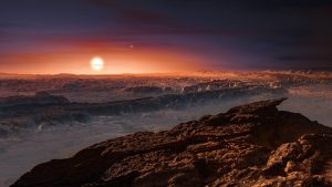 An artist's depiction of the surface of the planet Proxima b as it orbits the red dwarf star Proxima Centauri, the closest star to our solar system. The planet is a bit more massive than Earth, scientists say, and circles its star once every 11 days.