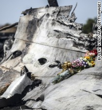 This photo taken on July 26, 2014 shows flowers, left by parents of an Australian victim of the crash, laid on a piece of the Malaysia Airlines plane MH17, near the village of Hrabove (Grabove), in the Donetsk region. Ukraine sought on July 25 to avoid a political crisis after the shock resignation of its prime minister, as fighting between the army and rebels close to the Malaysian airliner crash site claimed over a dozen more lives. Dutch and Australian forces were being readied on July 26 for possible deployment to secure the rebel-held crash site of the Malaysia Airlines flight MH17 in east Ukraine where many victims' remains still lie nine days after the disaster claimed 298 lives. AFP PHOTO/ BULENT KILIC