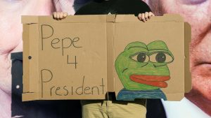 A man poses with a sign of Pepe the Frog outside Hofstra University in Hempstead, N.Y., site of Monday's first presidential debate between Donald Trump and Hillary Clinton