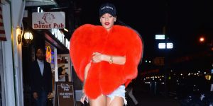 rihanna red faux fur love jacket